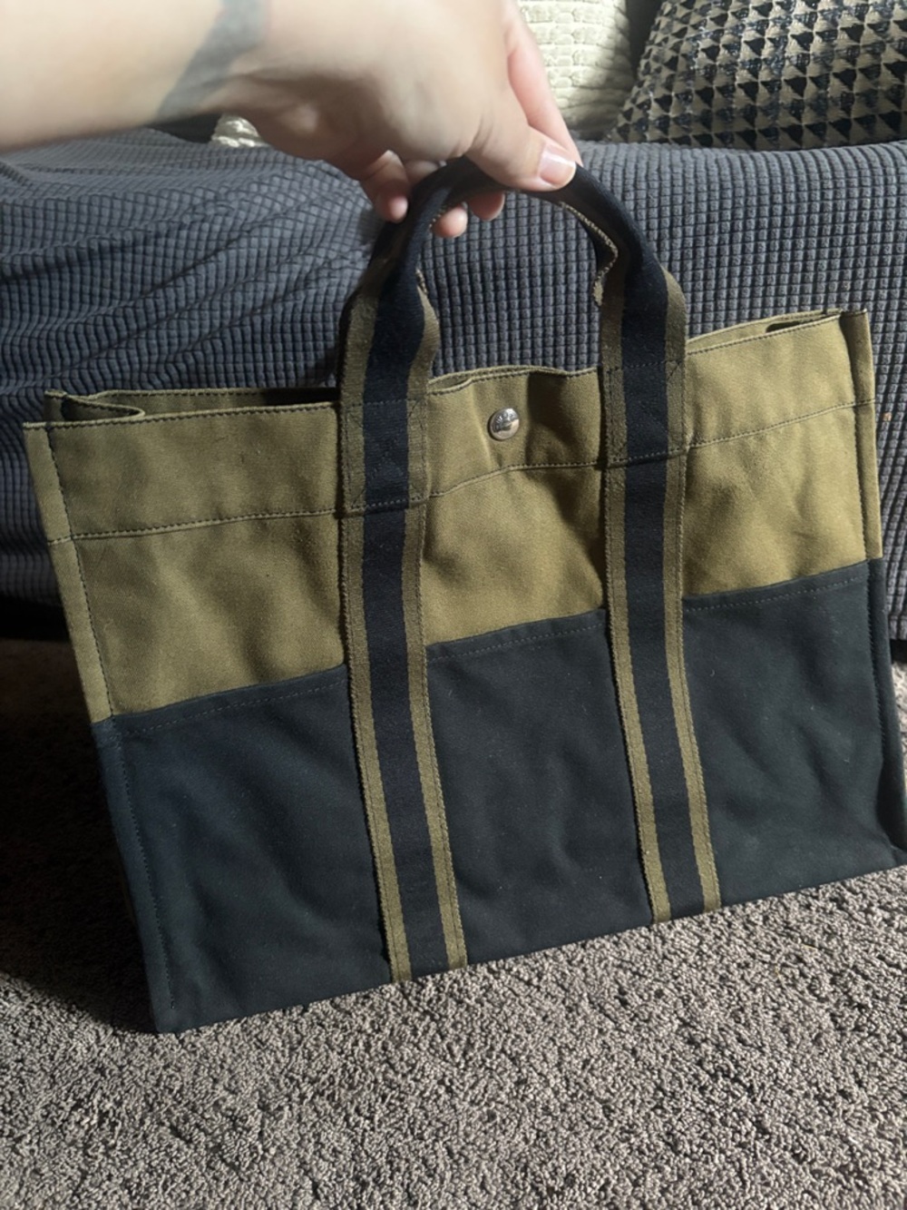 Hermes Two-Tone Olive and Black Canvas Tote